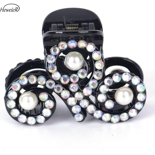 Casual Women Ladies Black Plastic Hair Claw Clamp Grip Hairpieces Crab Clips Rhinestones Bead Hair Jewelry Headdress Headwear