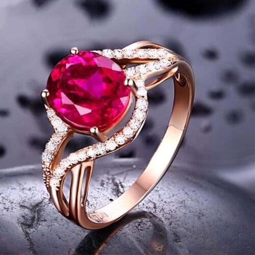 Slovmi Luxury Ruby Gemstones Women Ring Rose Gold Red Zircon Heart Shape Open Ring For Wedding Party Jewelry Accessories Gifts