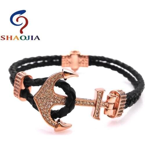 SHAOJIA Fashion Micro-zircon Bracelet Anchor Sports Wind Leather Bracelet Male And Female Couple Leather Bracelet Birthday Gift