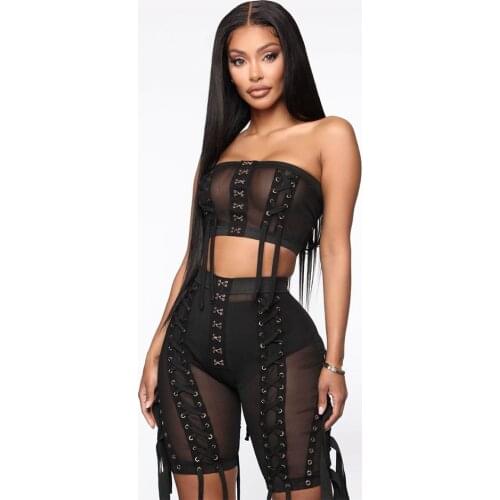 Chic Lace Up Fringe Mesh Shorts Set Stretchy Sheer Mesh Top and Shorts 2-piece Set with Eyelet Detailing