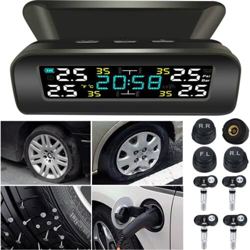 TY17 TY18 Solar Car TPMS with Clock Auto Tire Pressure Tyre 4 Internal External Sensor Temperature Monitoring Alarm System