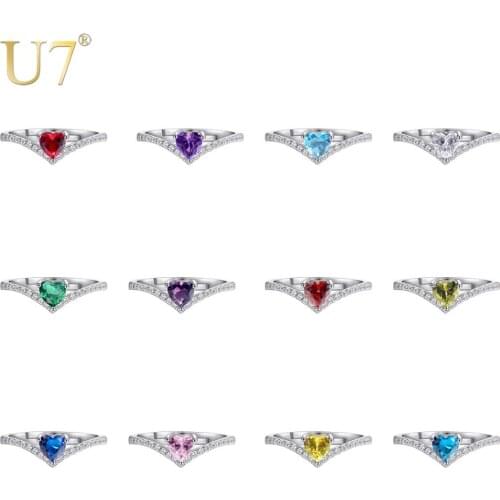 U7 925 Sterling Silver 12 Month Heart Birthstone Rings For Women Birthday Jewelry Party Best Gift Multicolor Open Ring New SC106