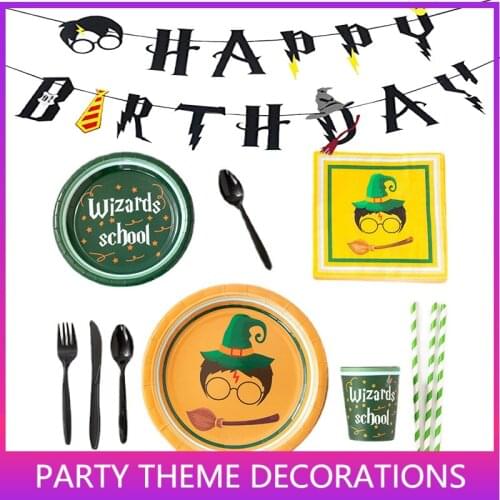 Magic Wizard Birthday Party Supplies with Happy Birthday Banner Striped Tie Novelty Glasses Frame Cake Balloons for Boys Girls