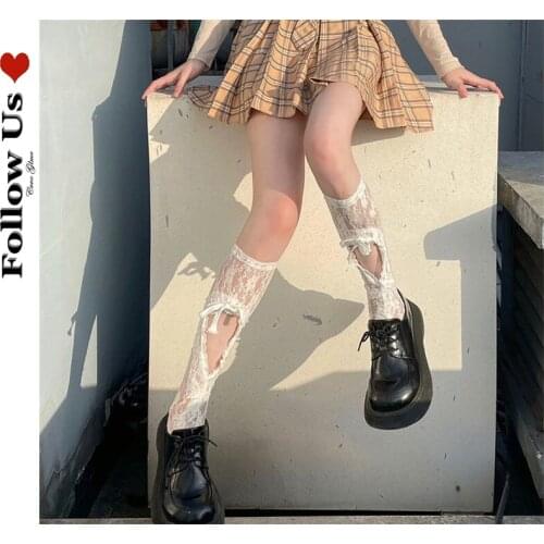Japanese Harajuku Lace Stockings Women Summer Gothic Black Hollow Calf Socks Lolita Lace Carved Drawstring Strap Socks Women