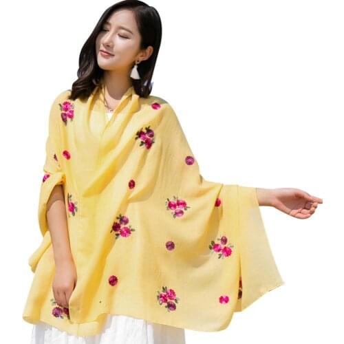 Sun Protection- Women Ethnic Cotton Linen Floral Pattern Scarf Soft Wrap Beach Cover Up Cape Shawl