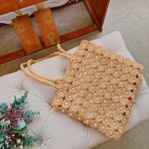 New Designer Pearl Straw Woven Women Bag Faux Pearl Inlaid Woven Shoulder Shopping Bags Womens Handbags And Purses