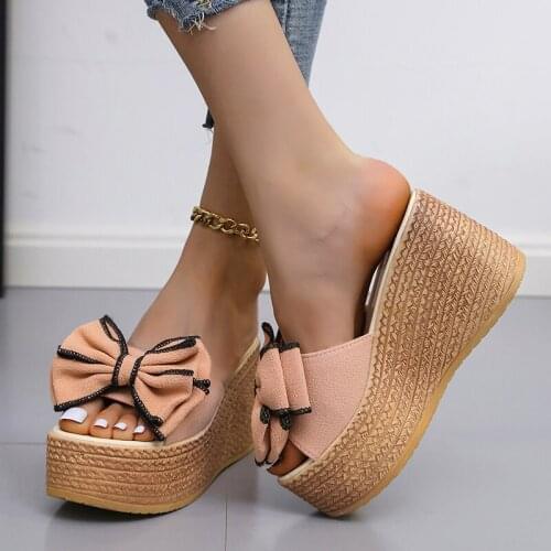 2021 Summer New Women Wedge Slippers Slip on Bow Platform Mule Sandals Comfy High Heels Plus Size 43 Outdoor Beach Shoes
