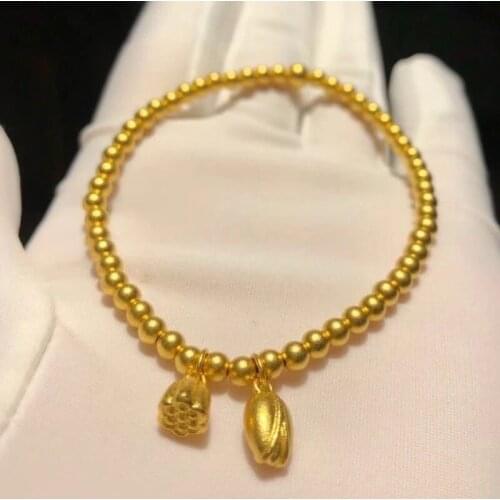 Lotus Frosted Beaded Bracelet Yellow Gold Filled Vintage Fashion Elasticity Bracelet for Women