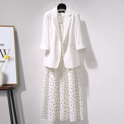 Large Size Women Suit100kg Coat Dress 2 Pic Set Office Lady Polka Dot Spring Autumn Full Notched Knee-Length Ladylike Women Suit