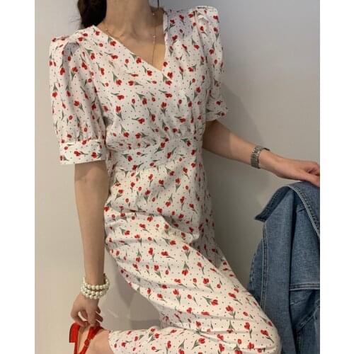 2021 New Fashion Flower Print Dress Women Elegant V Neck Puff Sleeve Ladies Vestidos Summer Fashion Slim Waist Female