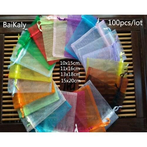 100pcs Jewelry bag 10x15cm 11x16 13x18 15x20cm Wedding Christmas Gift Organza bag Jewelry Packaging Display Drawstring Pouches