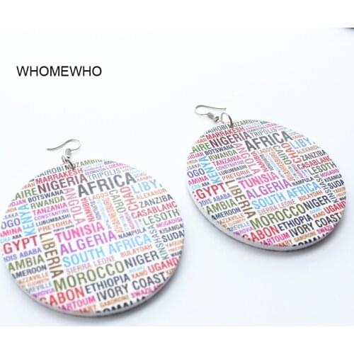 Bohemia Ethnic Geometric Wood Wooden Round Painting Letters Africa Map Drop Earrings African Women Summer Tribal Party Jewelry