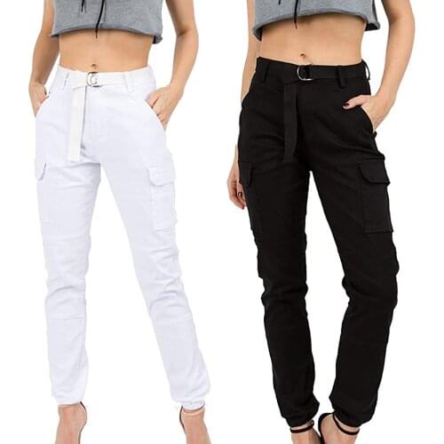 Women Long Pants, Solid Color Middle-Waist Casual Trousers with Pockets and Waist Belt for Girls