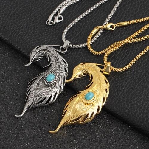 Personality Feather Green Stone Necklace Gold/Silver Plated Retro Long Chain Men Women Hip Hop Jewelry