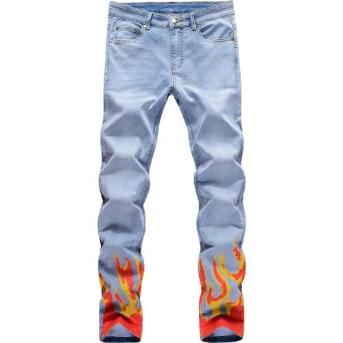 Fashion Trend Hi-street Printed Jeans Retro Washed Lightblue Denim Hip Hop Stretch Skinny Fit Pants For Men