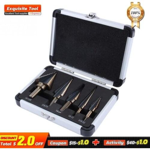 FINDER 5pcs Cobalt Hss Titanium Cone Step Stepped Wood Drill Bits Center Hole Cutter Tool Bit Set With Aluminum Box Hot Tools
