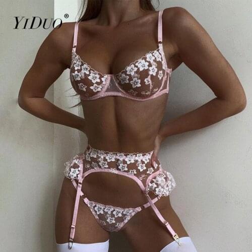 YiDuo Pink Floral Embroidery Sexy Lingerie Underwear Set Women 3 Piece Sensual Lingerie Brief Set Lace Underwire Erotic Lingerie