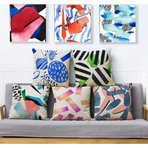Colorful Watercolor Geometry Print Throw Pillow Cover 45*45 Square Cushion Cover Linen Pillow Case Sofa Home Decor Pillows Cases