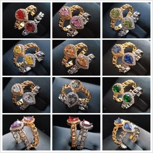 Lingmei New Wedding Pear Cut Rainbow Cubic Zircon Silver Color Rings for Women Yellow Gold Color Jewelry Size 6 7 8 9 Gifts