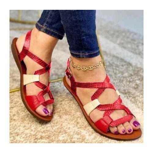 2021 Summer New Womens Casual PU Leather Color Matching Cross Belt Adjustable Button Flat Sandals Fashion Beach Shoes Hot KP097