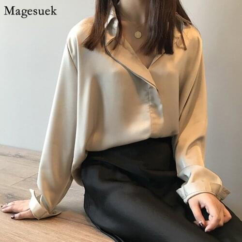 New Spring Autumn Blouses Women Long Sleeve Casual Solid Loose Satin Blouse Women Vintage V-neck Cardigan Button Shirt Tops 5273