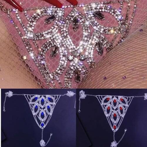 Sexy Blue Red Leaf Shape Rhinestonne Body Chain Bikini Waist Round Panties for Women Luxury Crystal Thong Underwear Body Jewelry