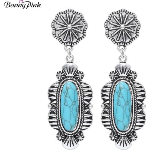 Banny Pink Vintage Turquoises Metal Earrings For Women Antique Natural Stone Statement Chandelier Earrings Ethnic Geo Earrings