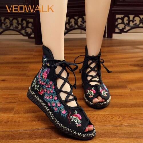 Veowalk Peacock Embroidered Women Gladiator Canvas Sandals Summer Fashion Ladies Open Peep Toe Lace-up Flat Shoes Sandials Mujer