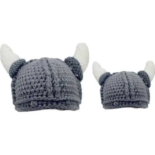 Adult Kids Handmade Crochet Knit Beanie Cap Funny Horns Viking Winter Skull Cap High Quality