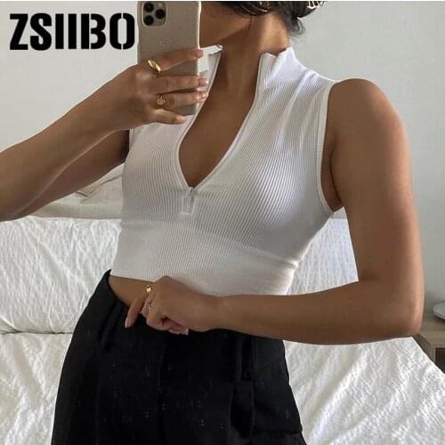 Zipper Ribbed Knitted cross Open chest Turtleneck Casual vintage Women clothes Summer sleeveless Tank Off Shoulder Top Cropped