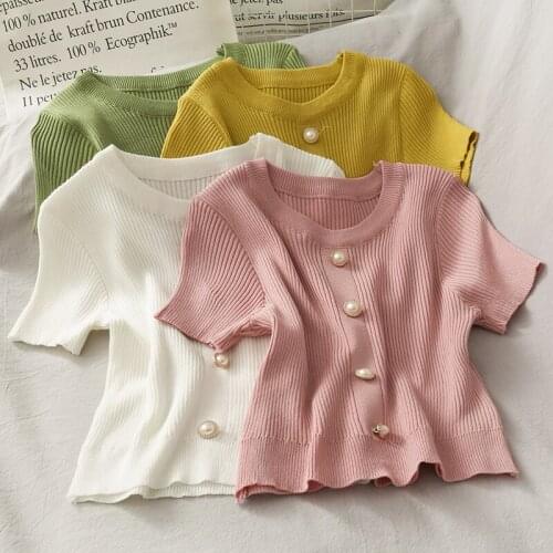 OUMEA Women Knitted Tshirts Rib Knit Spring Summer Crop Tee With Novelty Buttons Front Vintage Knit Top Korean French Style Top