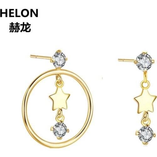 Solid 14k Yellow Gold Women Stud Earrings 3mm Round Natural White Topaz Stars Earrings