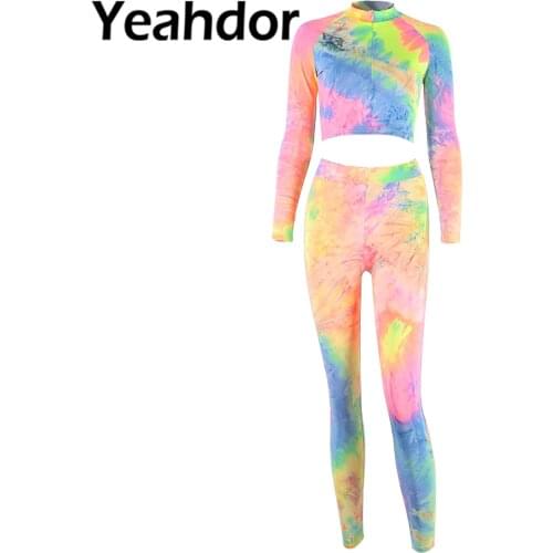 2Pcs Womens Tie Dye Print Fitness Sport Suit Dance Set Seamless Long Sleeve Zipper Crop Top Leggings Outfits Sets Sportwear