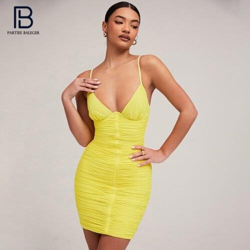 PB Stylish Yellow Draped Mesh Bandage Slip Dress Sexy V Neck Backless Celebrity Party Club Vestido Free Shipping