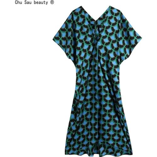 2021 Summer New Vintage Batwing-Sleeve Women Casual Style V-Neck Printed Dress Fashion Vestido Loose Female Chic
