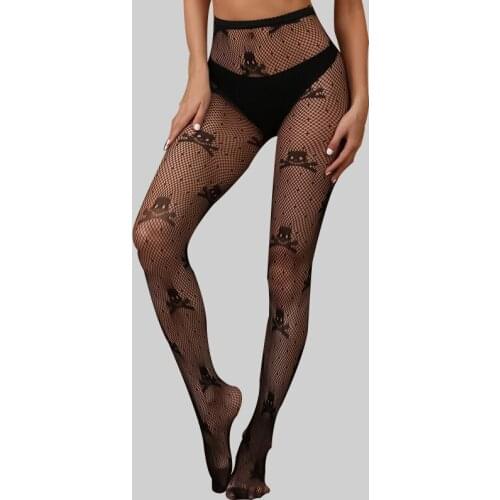 1 Pcs Sexy Stay Up Thigh High Tights Fishnet Mesh Pantyhose Transparent Stocking Black Long Over The Knee Socks Skull Print 2021