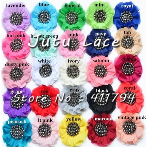 60 pcs / lot , 4'' shabby chiffon flowers with rhinestone for headband apparel hair accessories