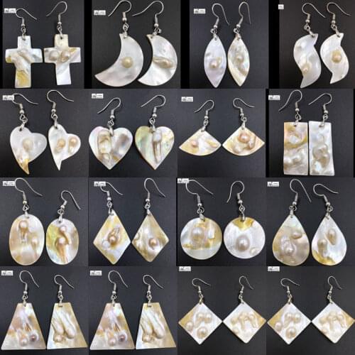 Free shipping Fashion Jewelry Mother of pearl Shell Bead Oval Heart Round Sector Oblong Beads Dangle Earrings Pair WB694