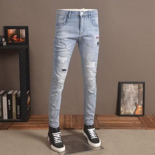 2021 Summer Ripped Jeans Men Streetwear Printed Holes Patch Denim Trousers Casual Light Blue Slim Fit Pencil Pants