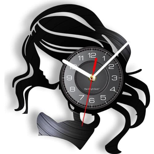 Beauty Lady Hair Salon Business Sign Retro Wall Clock Made Of Vinyl Record LP Hair Care Beautiful Woman Barber Wall Clock Watch
