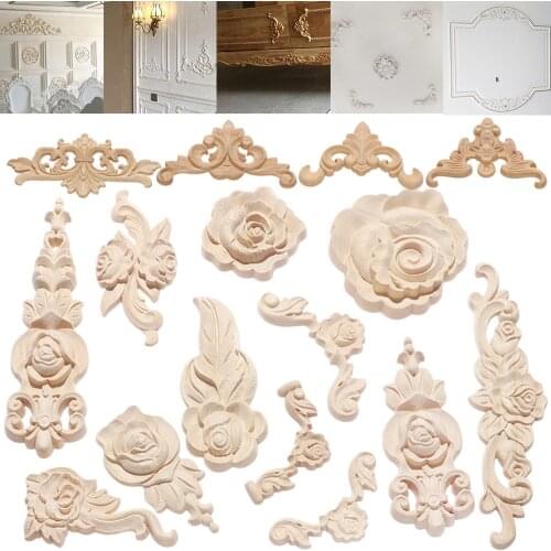 New 1pc Multi-styles Natural Floral Wood Carved Wooden Figurines Crafts Corner Appliques Frame For Wall Door Home Decoration