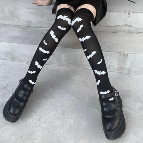 InsGoth Gothic Skinny Black Long Socks Harajuku Streetwear Bat Print Stockings Women Halloween Thigh High Socks Party Stockings