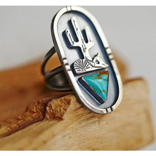 Desert-themed Cactus with Turquoise Stone Rings Southwestern Design Cacti Love Saguaro Boho, Gypsy, Hippie Thumb Ring GSG39F