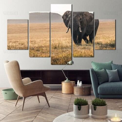 Elephant Five Panel Canvas Painting Grassland Wild Animal Wall Picture for Living Room Home Decoration Art Posters and Prints