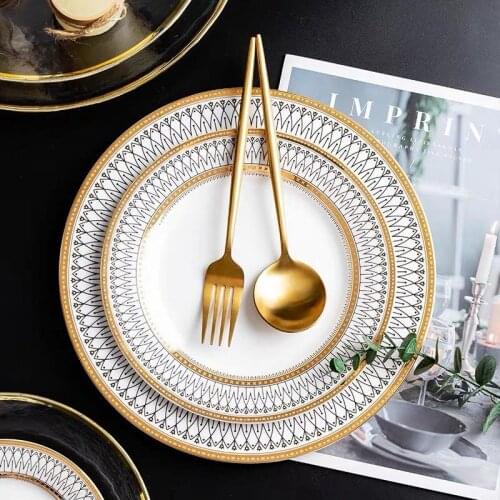Ceramics Dishes European Style Luxury Point Gold-Plated Western Restaurant Plate Salad Plate Banquet Set Flat Steak Plate Set