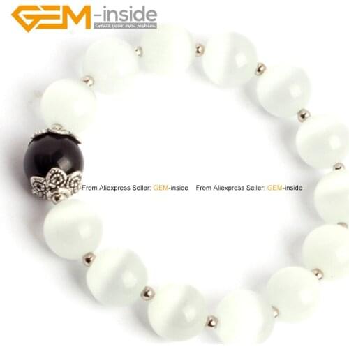 Gem-inside Round White Glass Cat Eye Beads DIY Bracelets For Women Gift Fashion Trinket Bangle Jewelry For Women 7.5inch