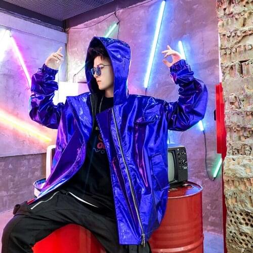 Ve Erkek Mont Ceket Loose Hooded Leather Jacket Coat Men Women Gold Streetwear Hip Hop Punk Gothic Casual Jacket Outerwear Blue