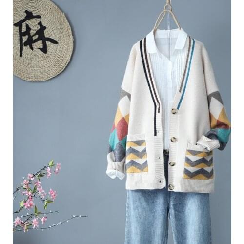 Patchwork Knitted Thicken Warm Women Sweater Cardigan Winter New 2021 Loose Pocket Female Outwear Coats Tops