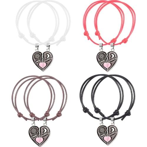 Fashion Creative Leather Chain Bracelet 2-Pcs-Set Bff Heart Pendant Best Friend Men And Women Friendship Hand Chain Jewelry Gift