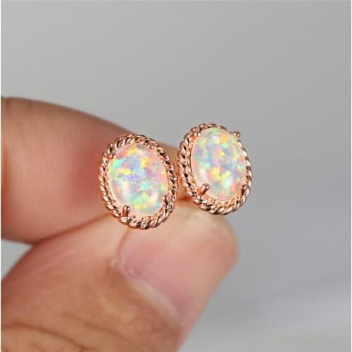 Fashion Oval Stone Small Stud Earrings Dainty Female White Blue Opal Earrings Rose Gold Silver Color Wedding Earrings For Women